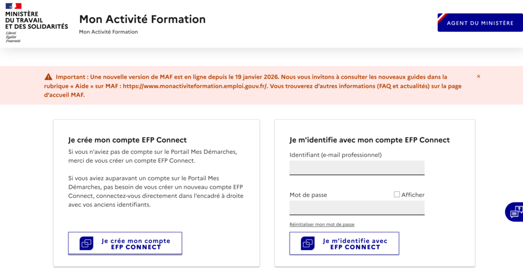 Page de connexion EFP Connect pour accéder à Mon Activité Formation BPF 202