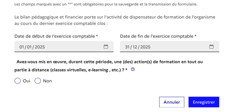 Cadre B informations générales BPF 2026 dates exercice comptable et formation à distance