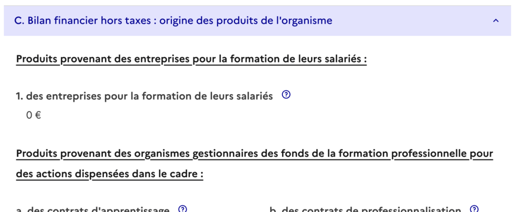 Cadre C produits de l'organisme par financeur BPF 2026 Mon Activité Formation