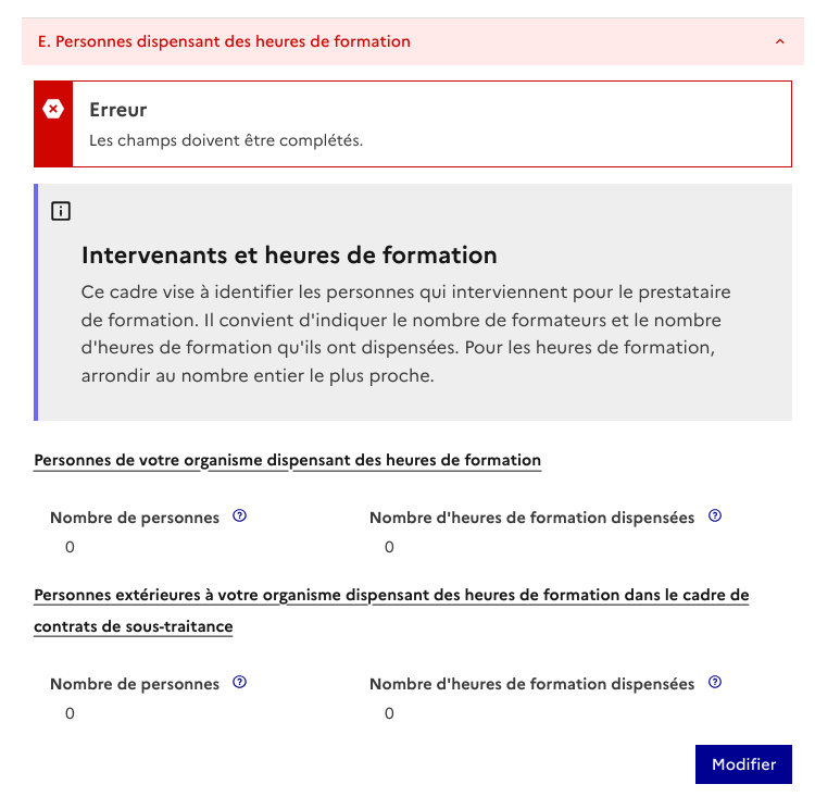 Cadre E intervenants heures de formation BPF 2026 Mon Activité Formation